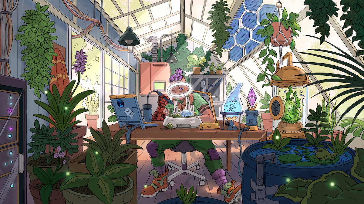 Image of a futuristic pioneer woman with gadgets and plants